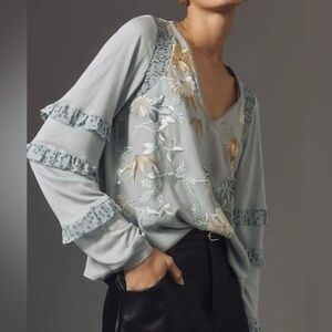 Anthropologie Tiny Frances
long sleeve ruffle floral embroidered blouse NWOT